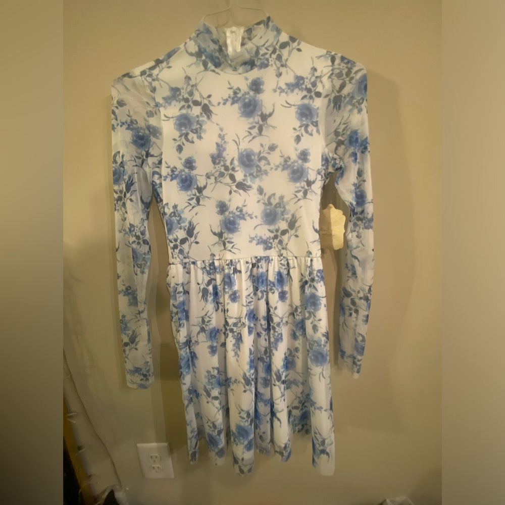 Mini white & blue long sleeve floral dress. New With Tags!!